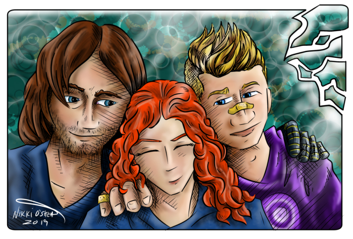 drawing of James, Natasha, and Clint